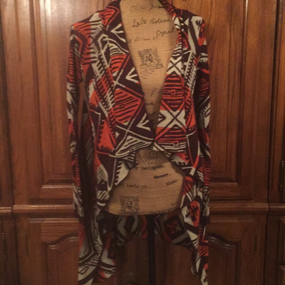 Cheslen Orange& Brown Aztec Print Open Cardigan